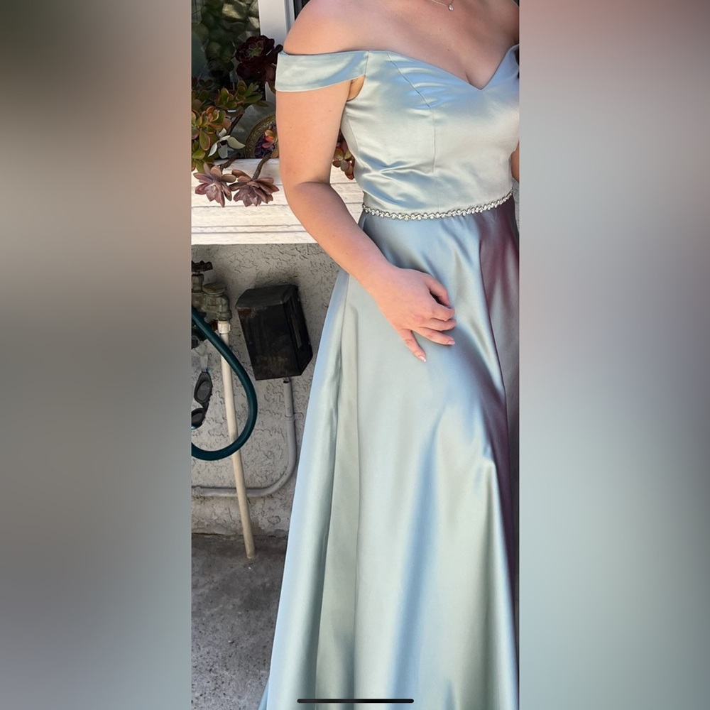 David’s Bridal Off the Shoulder Dusty Sage Dress for Bridesmaid or Wedding Guest